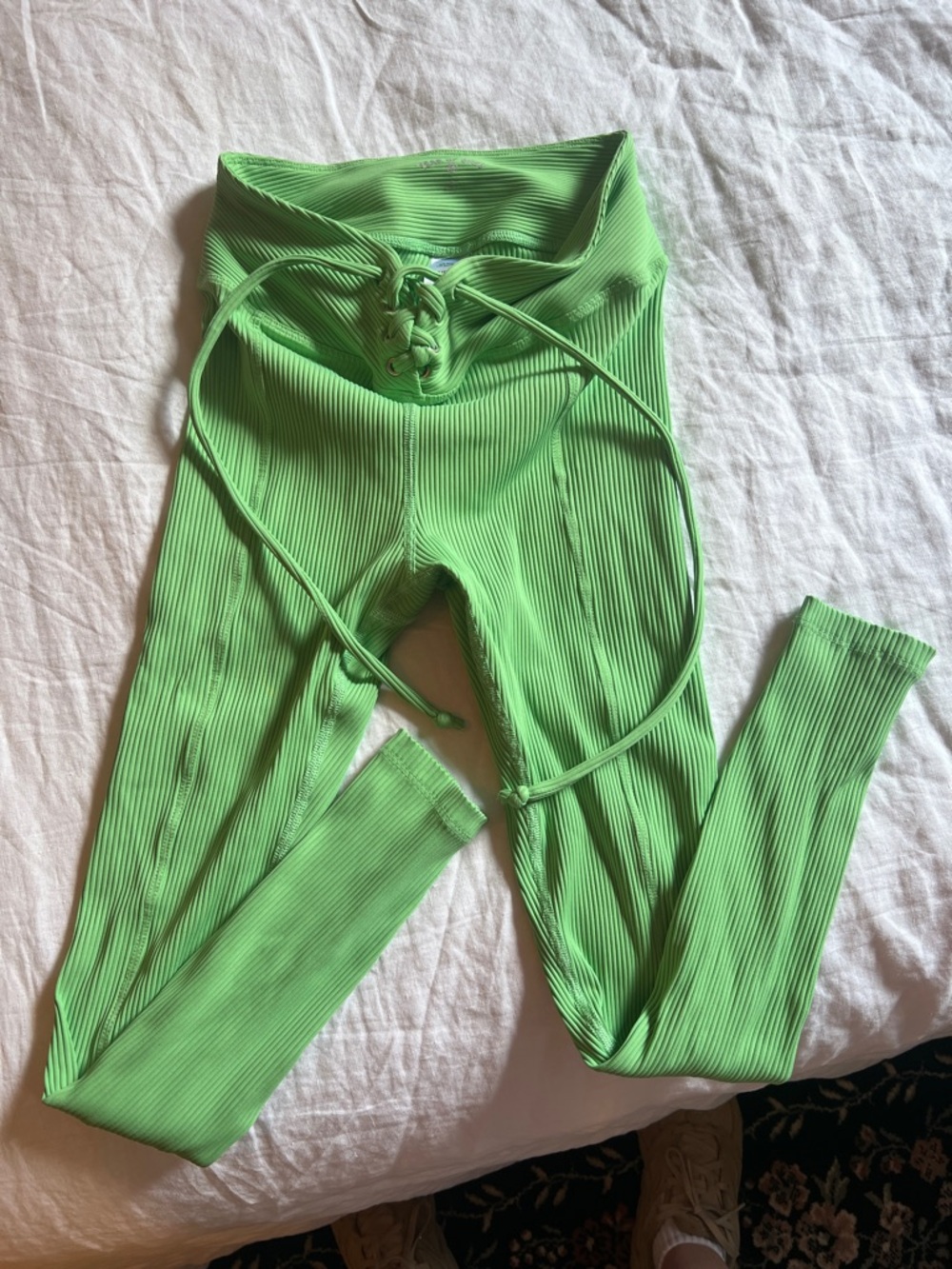 Year of Ours Neon Lime Ribbed Lace‑Up Waist Leggings